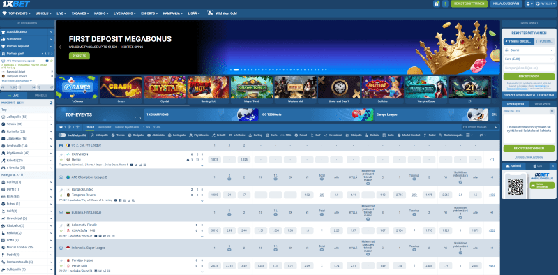 1xBet vedonlyöntisivuston etusivu urheilutapahtumien kertoimilla