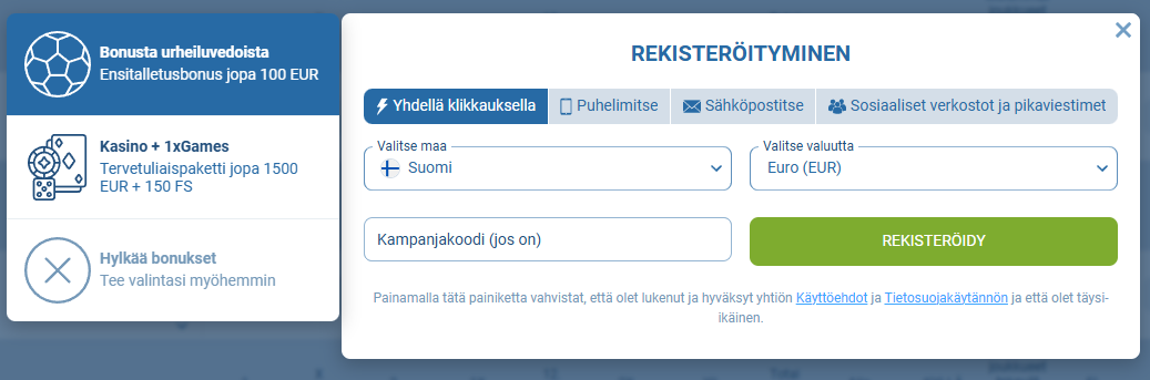 1xBet rekisteröitymisikkuna ja tilin luonti sivustolla