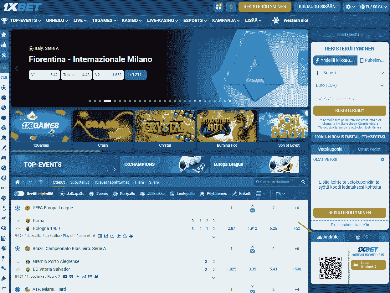 1xBet urheiluvedonlyönti ja mobiilisovelluksen lataus Androidille