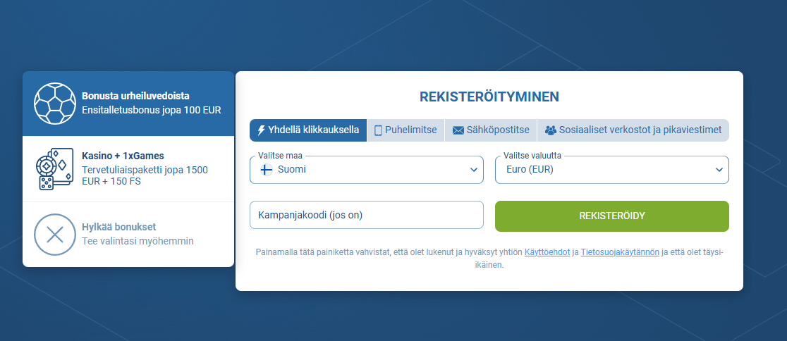 1xBet rekisteröitymislomake ja tilin luonti sivustolla