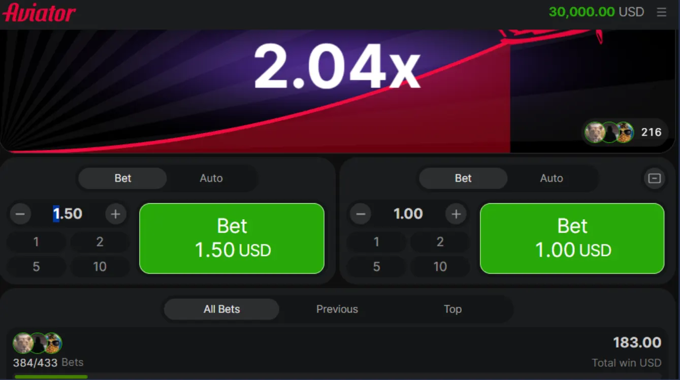 Aviator game betting screen featuring a rising multiplier and live betting