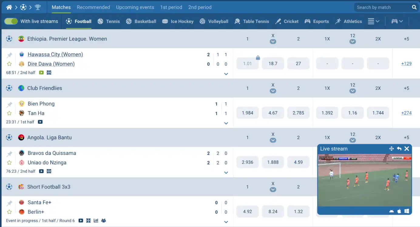 live sports betting page with a 1xbet live stream window