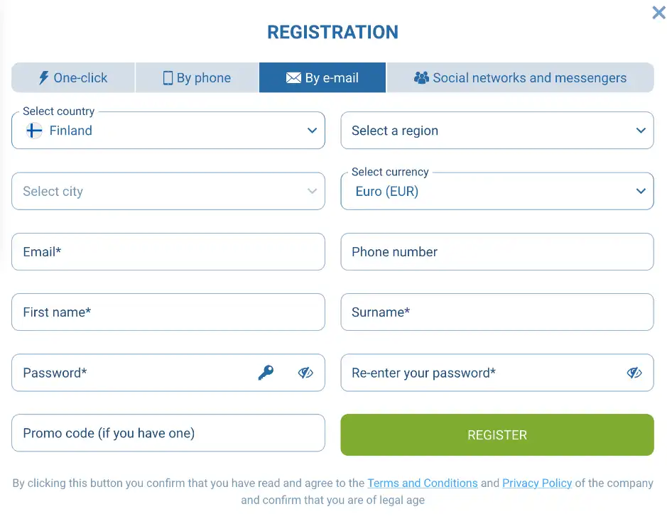A 1xBet Finland registration page for live sports betting