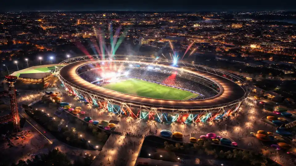 Jalkapallostadion iltavalaistuksessa live-jalkapallovedonlyönti-ottelun aikana